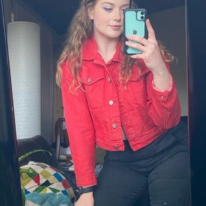 Red cropped denim jacket